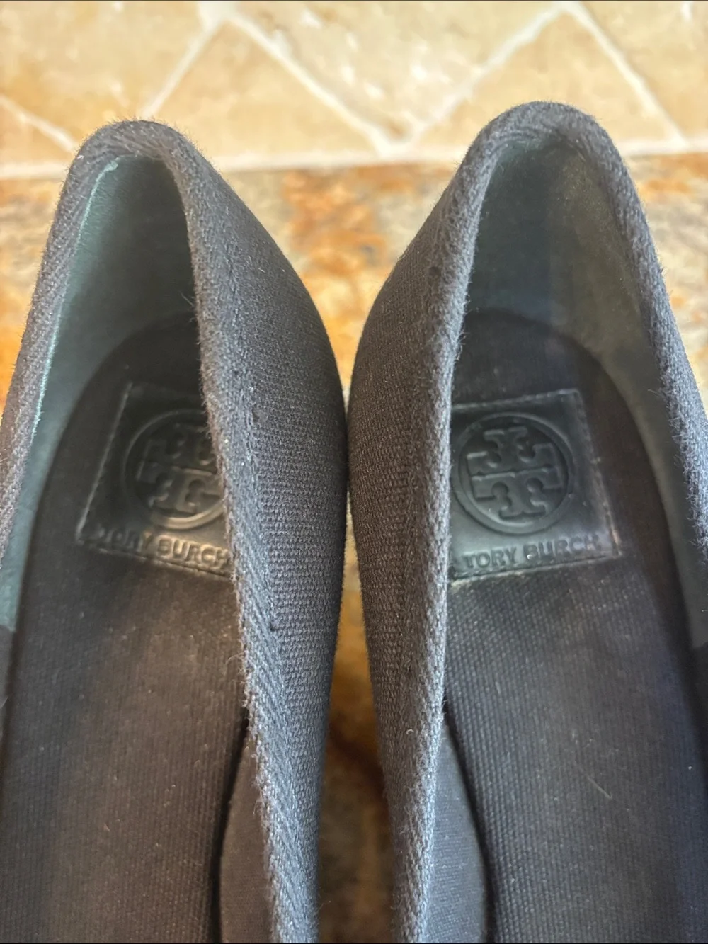 Tory Burch Black Espadrille Wedge Peep-Toe Pumps with Gold Logo